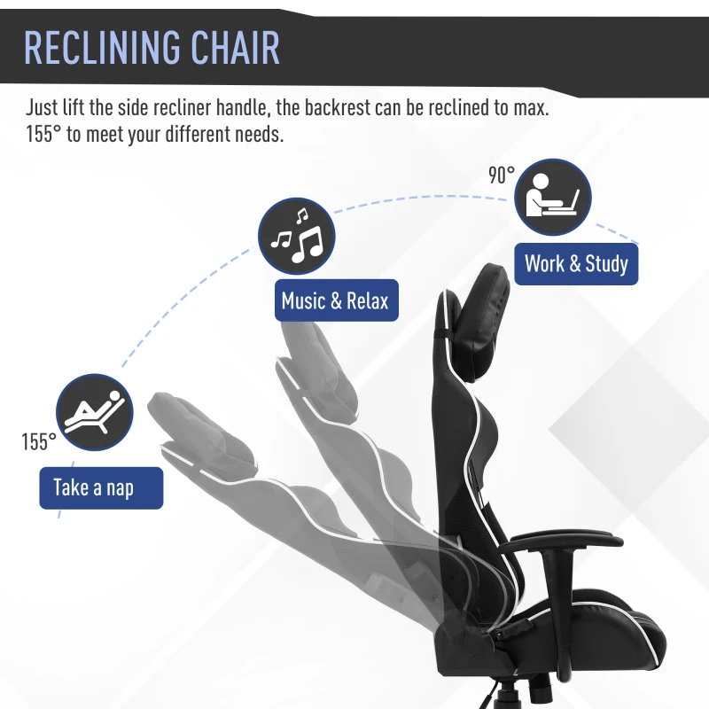 Vinsetto Racing Gaming Chair Adjustable Height W/ Headrest and Lumbar Support - White/Black