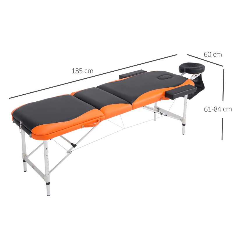 HOMCOM Folding PVC Leather Massage Table Aluminium Frame w/ Headrest Armrests Padding Handle Carry Bag Adjustable Height 3-Way Tri-Fold Salon Professional Bed Beauty Black Orange