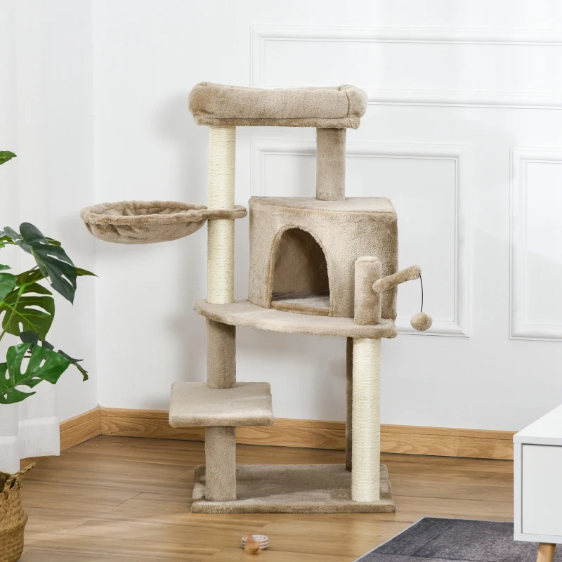 PawHut Cat Tree Tower for Indoor Cats 100cm Climbing Kitten Activity Centre with Sisal Scratching Post Perch Roomy Condo Hammock Bed Hanging Toy, Brown