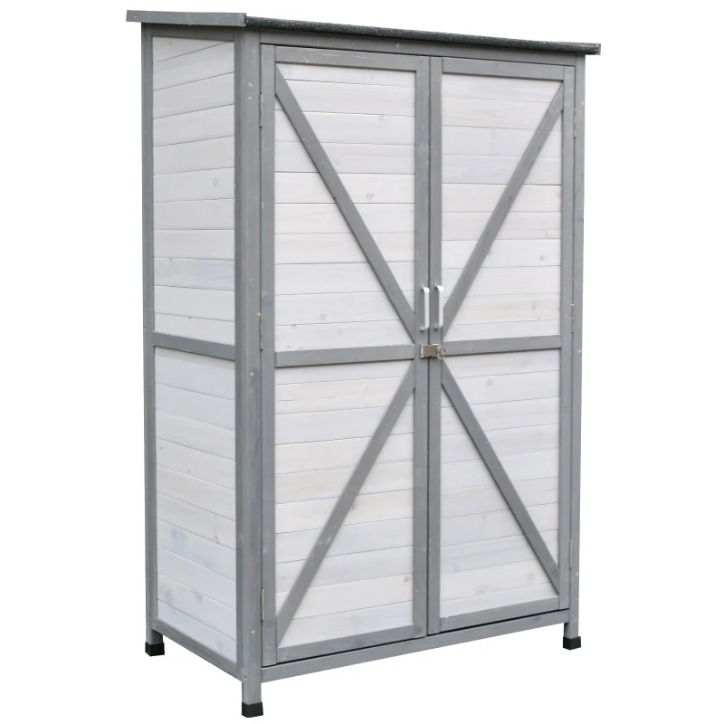 Outsunny Garden Shed Wooden Garden Storage Shed 160H x 100L x 60Wcm 3 Tier Shelves 2 Doors Tilted Asphalt Roof Outdoor Tools Equipment Storage - Grey
