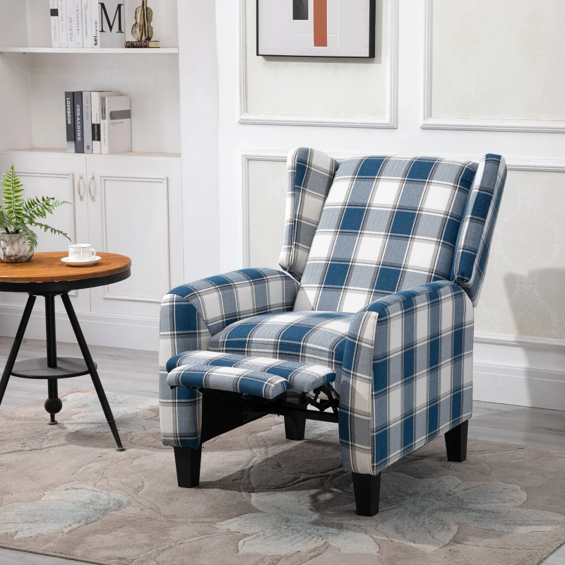 HOMCOM Plaid Reclining Armchair w/ Wood Frame Footrest Padding Ergonomic Metal Base Home Furniture Stylish Bedroom Living Room Blue