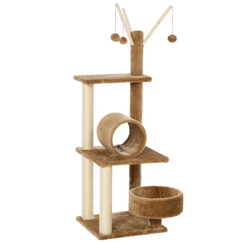 PawHut Cat Tree for Indoor Cats 121cm Kitten Tower Sisal Scratching Post Pet Activity Center Perch Condo Hanging Ball Brown