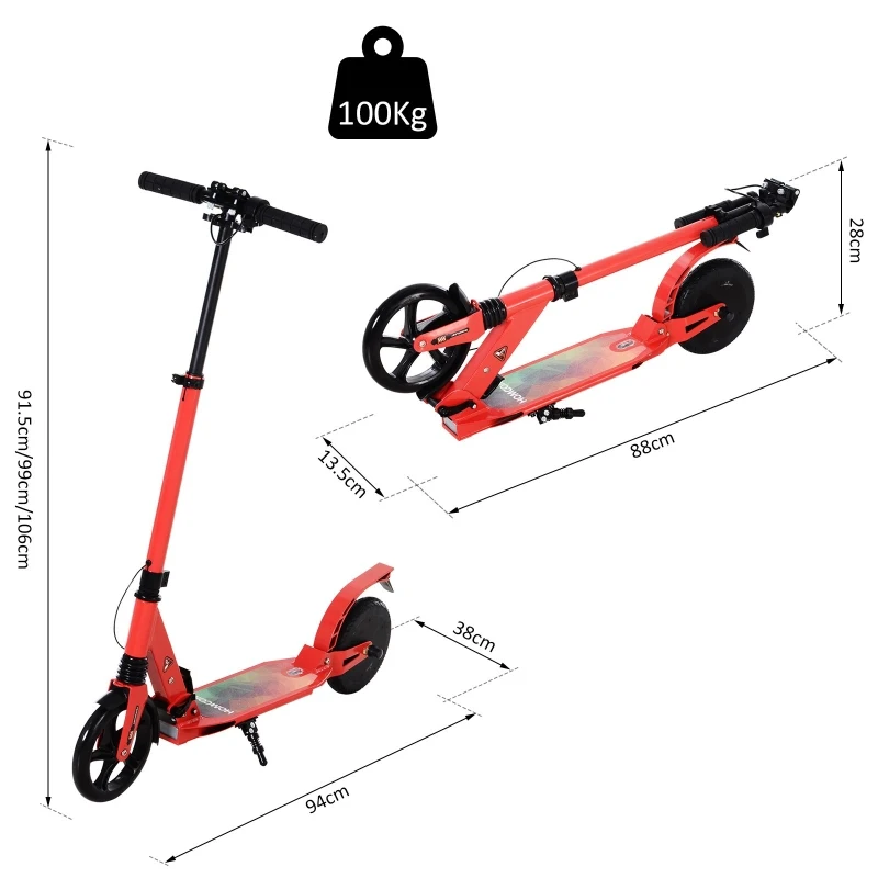 HOMCOM 150W Folding E-Scooter 22.6V Powered for Teens Aged 14+ Red