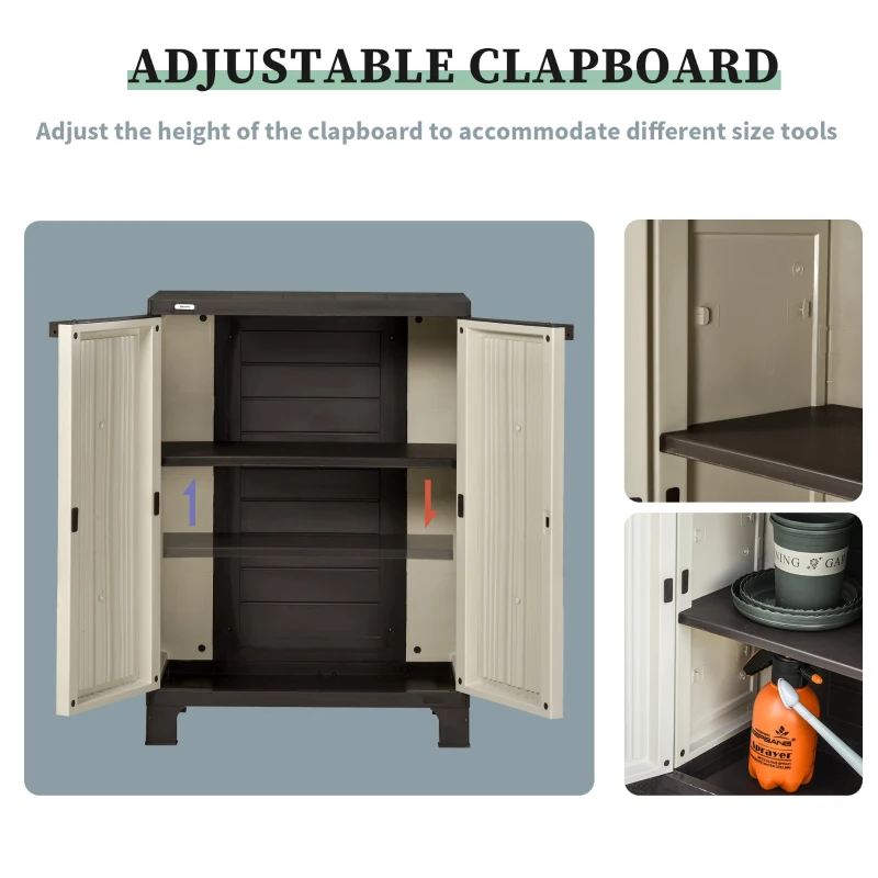 Outsunny Plastic Utility Cabinet Garden Tool Shed Patio Double Door Storage Closet Adjustable Shelves, 65x37x91.4cm, Beige