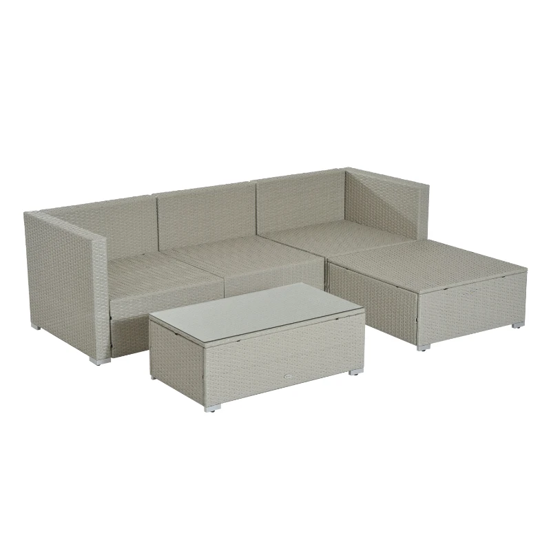 Outsunny 5 Piece Rattan Garden Furniture Set, Outdoor Corner Sofa with 67 cm Wide & Deep Seat, Sectional Outdoor Furniture Conversation Set with Cushions, Glass Top Coffee Table for Patio, Grey