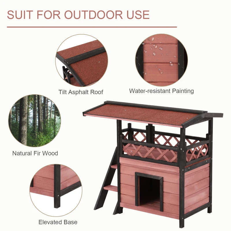 PawHut Wooden Cat House Outdoor Luxury Room Weatherproof Shelter with Balcony and Stair Puppy Garden Large Kennel Brown