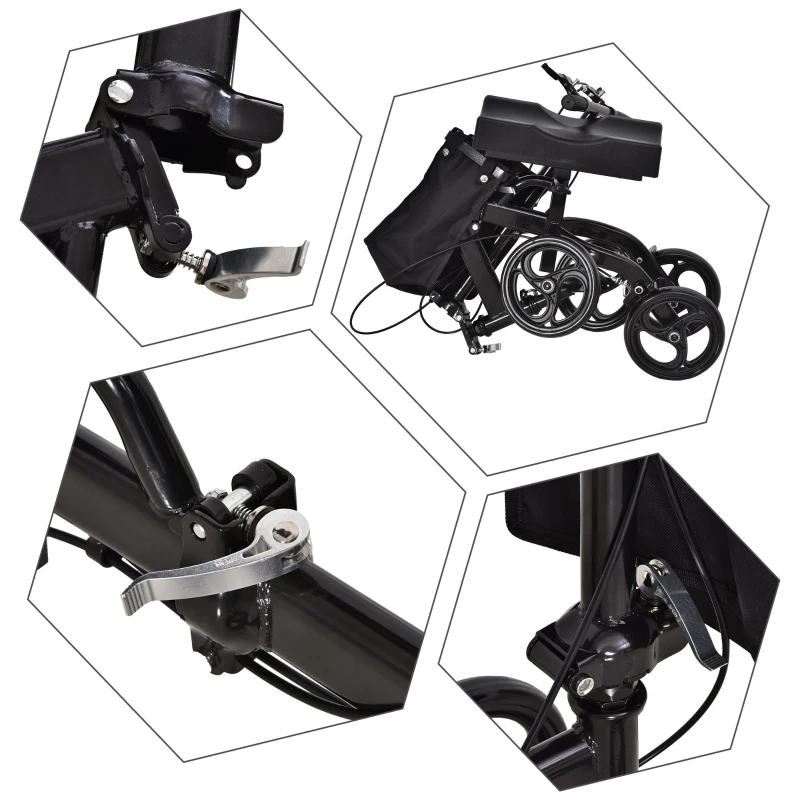 HOMCOM Metal Foldable Medical Knee Rest Rollators Walker Scooter W/ Storage Basket Black