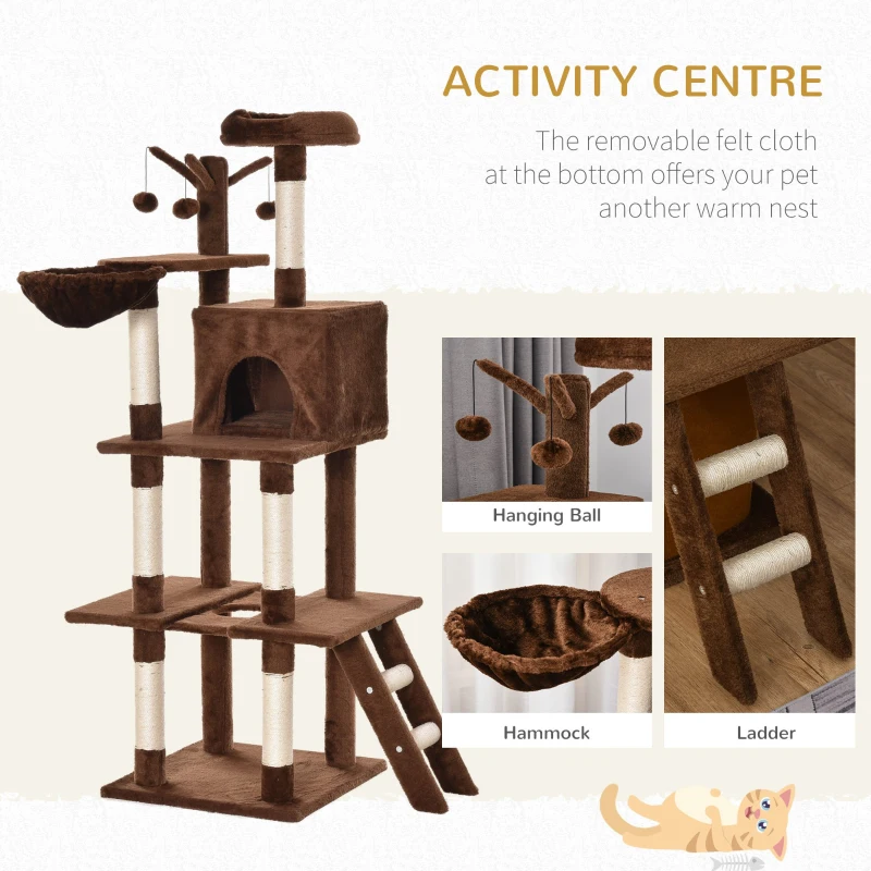 PawHut Cat Tree Tower for Indoor Cats 150cm Climbing Kitten Activity Center with Sisal Scratching Post Perch Hanging Ball Toy Hammock Ladder Double Condo Dark Brown