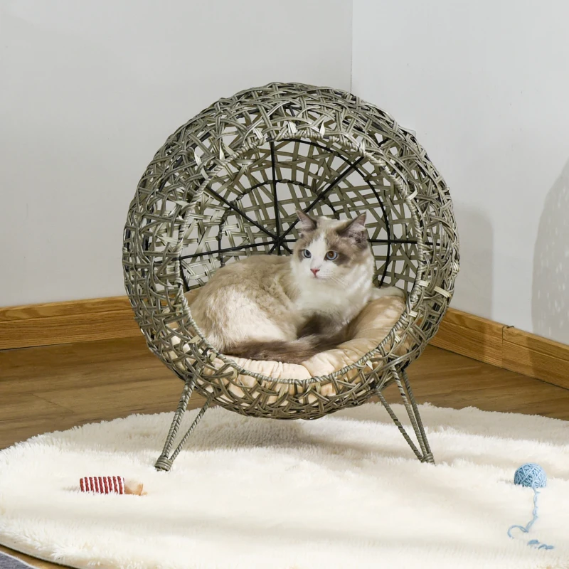 Pawhut Woven Rattan Wicker Elevated Cat Bed House Kitten Pussy Basket Ball Shaped Pet Furniture w/ Removable Cushion Smoky Grey 52 x 52 x 58 cm