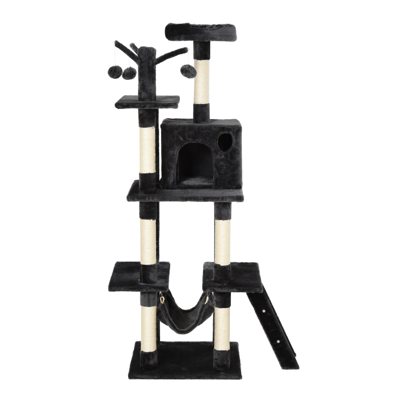 PawHut 155cm Plush Cat Tree for Indoor Cats Activity Center Sisal Scratching Post Basket Hammock Perch Condo Dark Grey