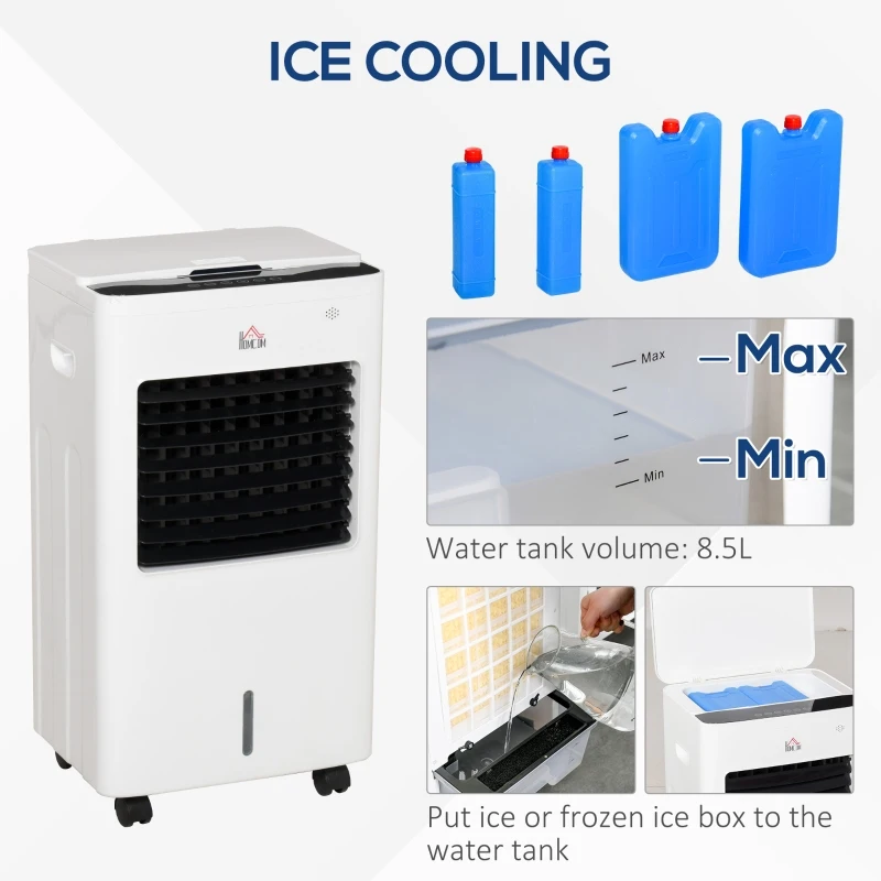 HOMCOM 8.5L Portable Air Cooler, Evaporative Cooler Humidifier with 3 Modes, 3 Speed, Remote Controller, Ice Crystal Box, 7.5 Hour Timer, Swing and Ice Cooling Function for Home Office Dorms