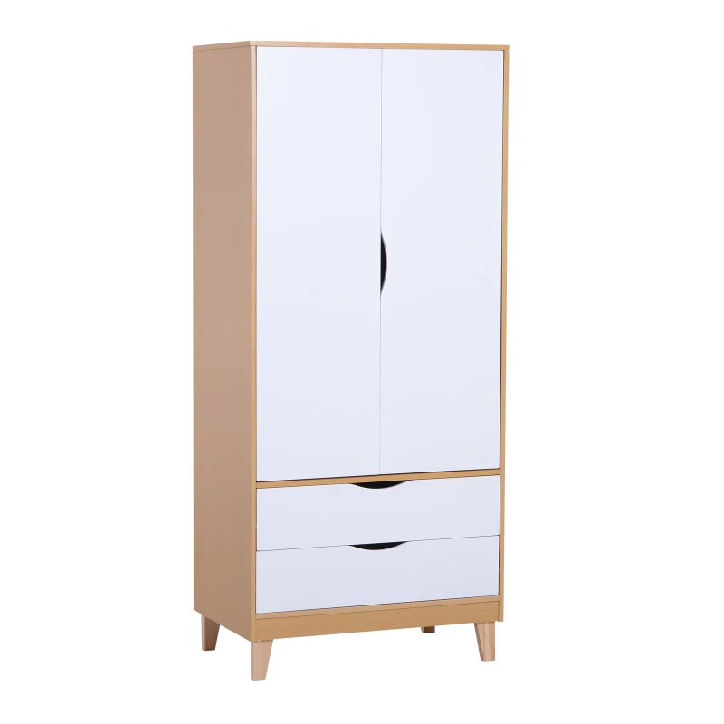 HOMCOM Scandinavian Style  Wardrobe W/2 Drawers, 79Lx50Dx180H cm-Natural Wood/White Colour