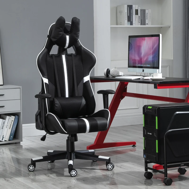 Vinsetto Racing Gaming Chair Adjustable Height W/ Headrest and Lumbar Support - White/Black