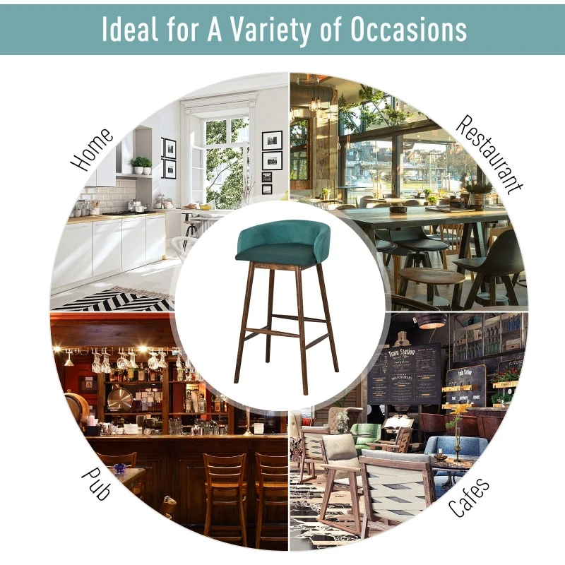 HOMCOM Oak Wood Upholstered Dining Bar Stool Green