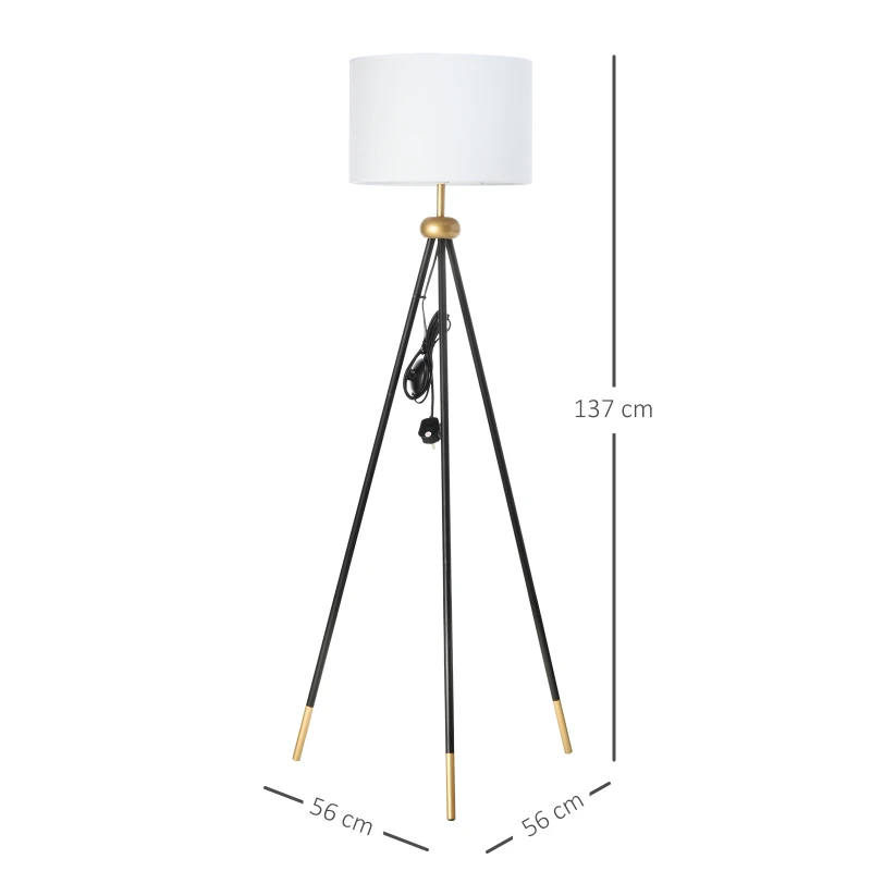 HOMCOM Modern Floor Lamp Free Standing Cloth Lampshade E27 Lamp Holder Metal Tripod Living Room Lamp Black + Gold 56 x 56 x 137cm
