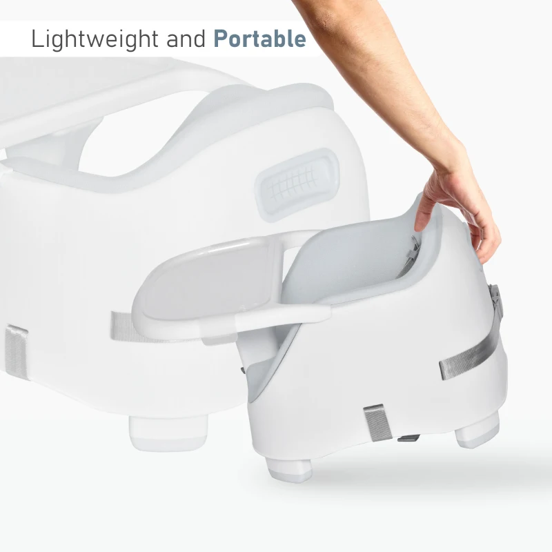 HOMCOM Baby Booster Seat for Dining Portable Toddler Feeding Chair  w/ 3 Point Harness Strap Height Adjustable Removable Cushion Detachable Tray Non-Slip Feet Grey