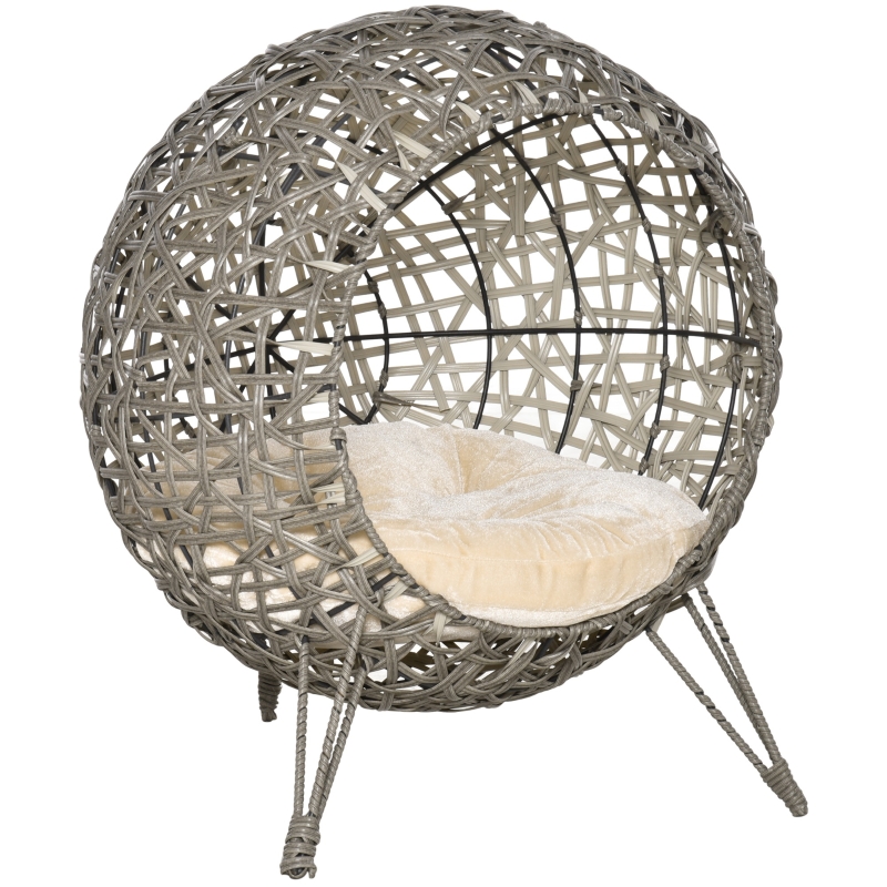 PawHut Rattan Wicker Elevated Cat House Kitten Pussy Basket Pet Bed w/ Cushion Smoky Grey