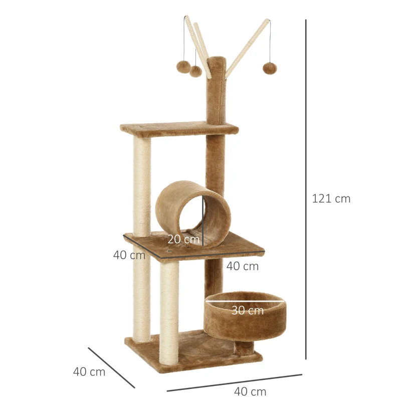 PawHut Cat Tree for Indoor Cats 121cm Kitten Tower Sisal Scratching Post Pet Activity Center Perch Condo Hanging Ball Brown