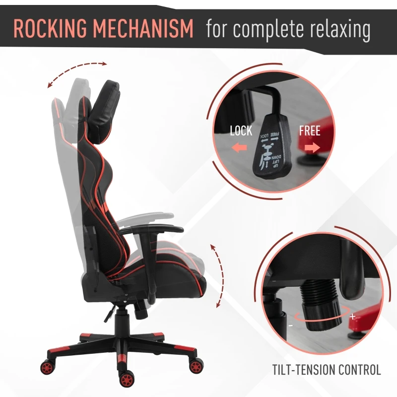 Vinsetto Racing Gaming Chair Adjustable Height W/ Headrest and Lumbar Support - Red/Black