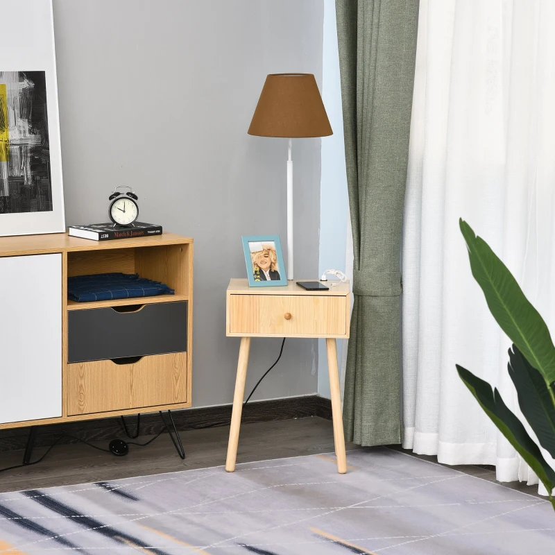 HOMCOM Rubber Wood USB Port Drawer w/ Lamp