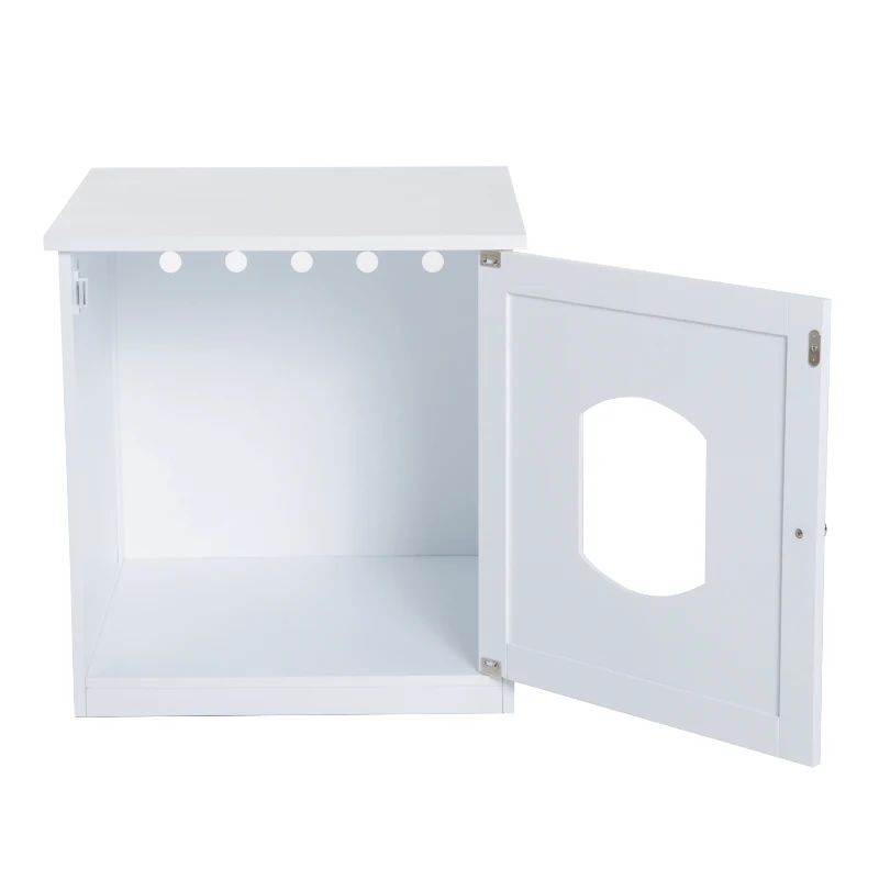 PawHut 2 in 1 Litter Box Enclosure Toilet Wooden Cat House Litter Tray Cover Pet Bed Home Furniture for Living Room Bedroom 51x51x50.5cm (White)