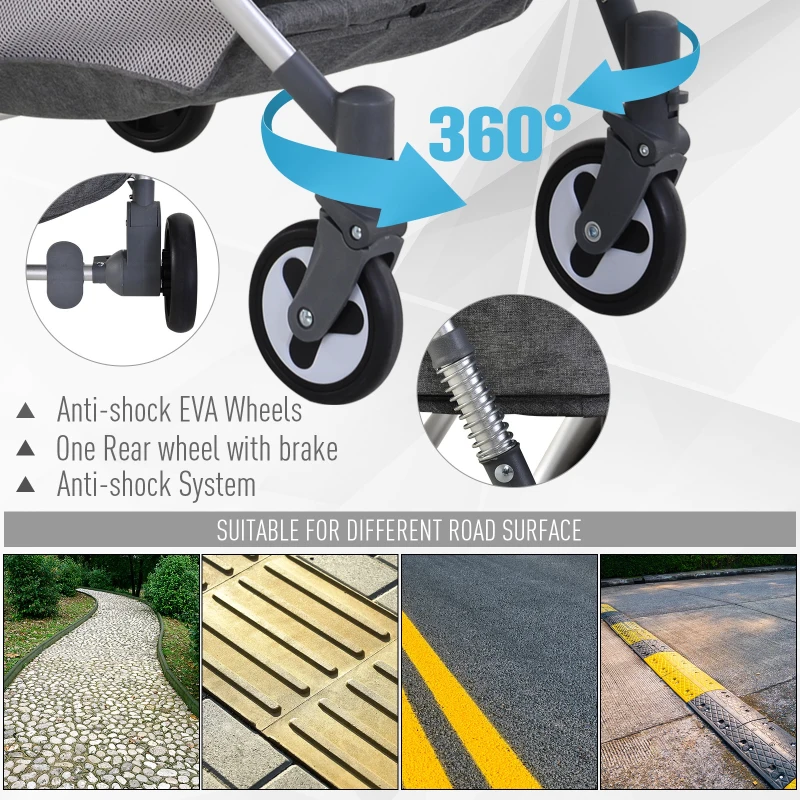 HOMCOM Aluminium Alloy Adjustable & Folding Baby Stroller Grey