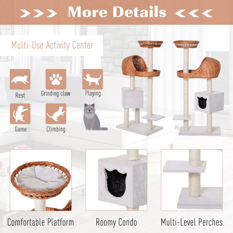 Pawhut 1.3m Cat Tree for Indoor Cats Condo Tower Scratching Post Climber Hooded Rattan Wicker cat cave