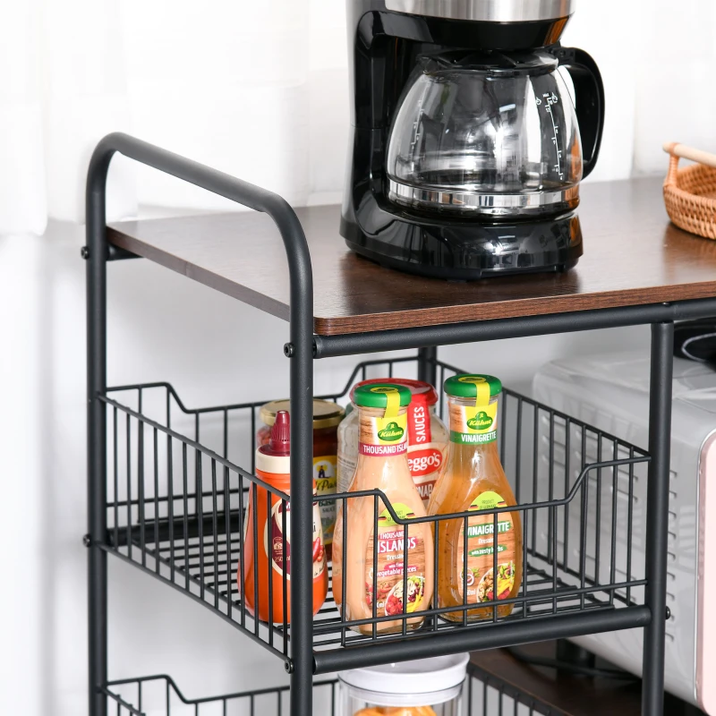 HOMCOM kichen Cart Storage Trolley Dining Serving Cart w/ Shelves Baskets Handles Wheels Home Living Room Kitchen Brown Black