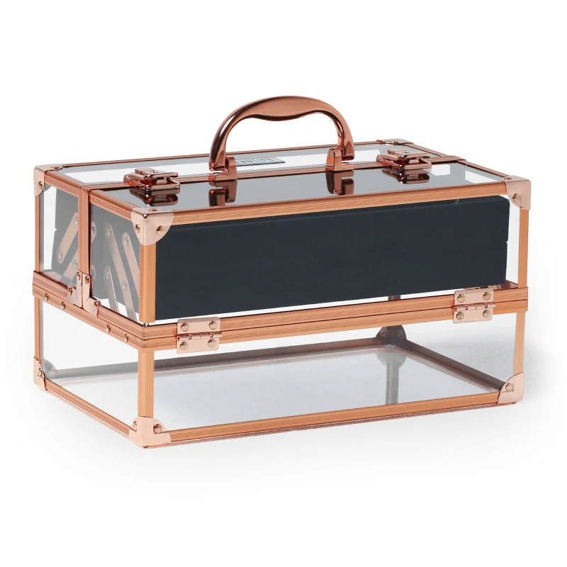 HOMCOM Makeup Cosmetic Case Lockable Storage Vanity Box Unit Lightweight  Acrylic & Aluminium Travel w/ 2 Keys Gold