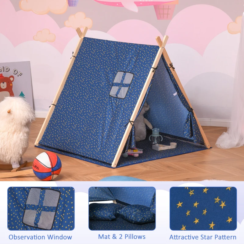 HOMCOM Kids Teepee Play Tent Portable Foldable Children Playhouse Toy for Boys and Girls with Mat Pillow Carry Case Indoor Outdoor Games Blue