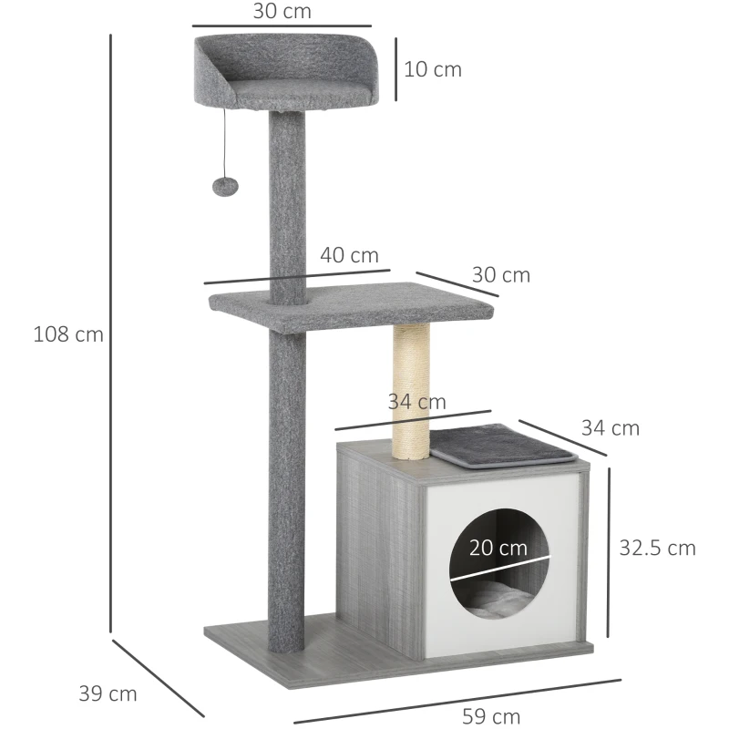 PawHut Cats Particle Board 3-Tier Scratching Tree House Grey