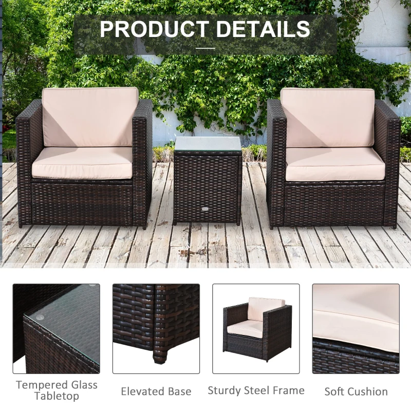 Outsunny 2-Seater Rattan Sofa  Furniture Set W/Cushions, Steel Frame-Brown