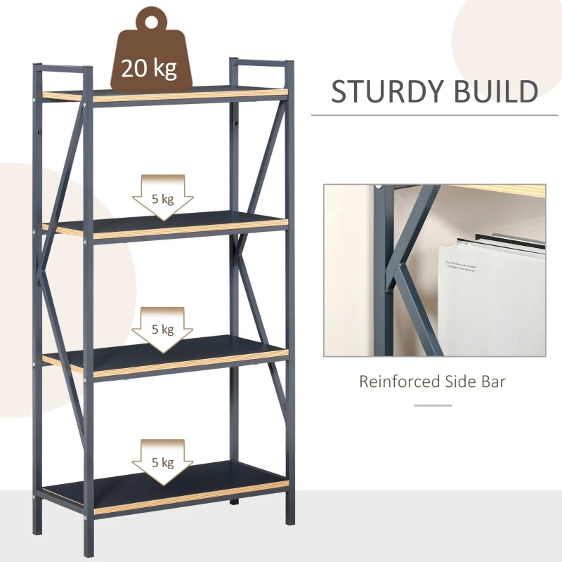 HOMCOM Industrial 4-Tier Bookcase Storage Organizer, Display Rack Open Floor Standing Shelving Unit with Metal Frame for Home Office Study, Blue
