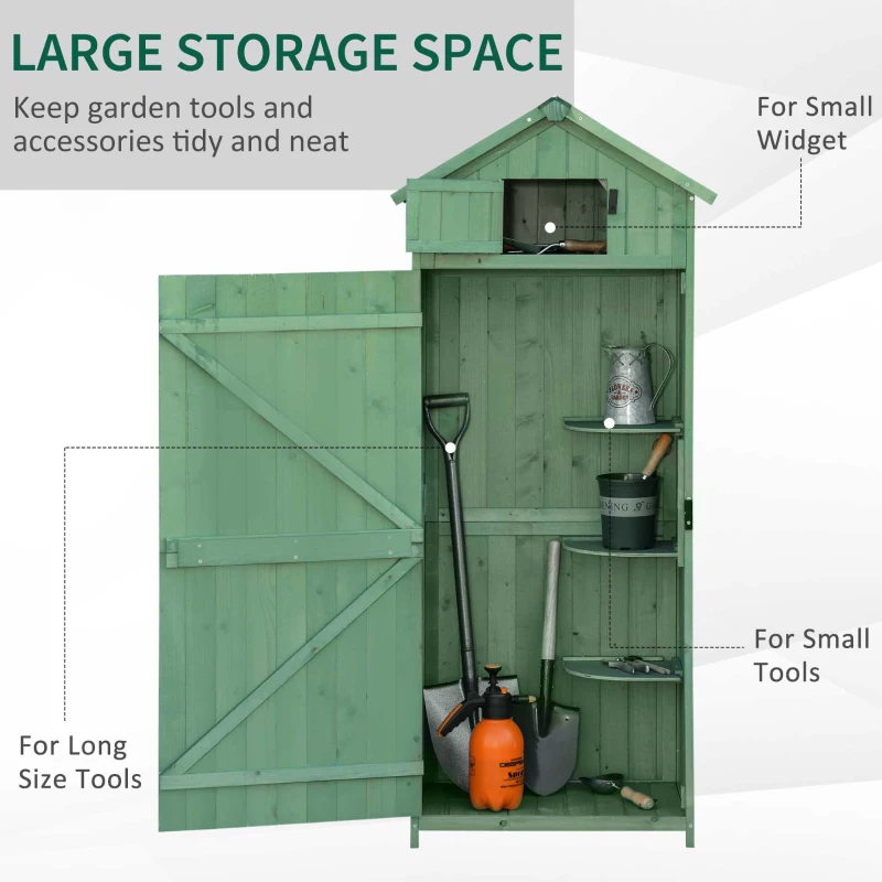 Outsunny Small Shed, Tall Slim Wooden Garden Shed with 3 Removable Shelves and Roof Hatch, Compact Outdoor Tool Storage Cabinet with Asphalt Roof and Door Latch, 77 x 54.2 x 179 cm, Green