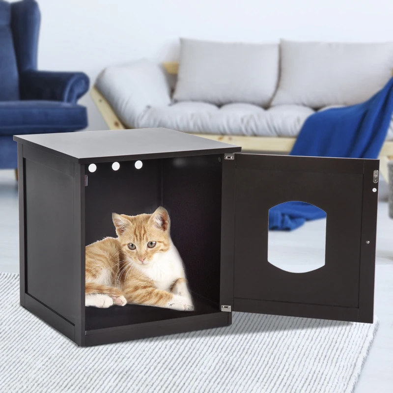 PawHut 2 in 1 Litter Box Enclosure Toilet Wooden Cat House Litter Tray Cover Pet Bed Home Furniture for Living Room Bedroom 51 x 48 x 51 cm (Dark Brown)
