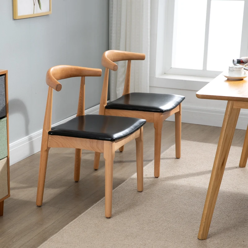 HOMCOM Beech Wood Twin-Pair Padded Dining Chairs Oak/Black