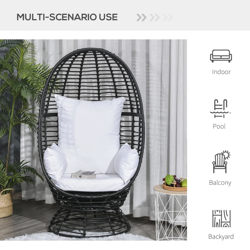 Outsunny 360° Swivel Egg Chair, Garden Rattan Swivel Chair with Thickened Cushion and Pillow, 150 KG Capacity for Indoor Outdoor, Balcony, Patio, Black