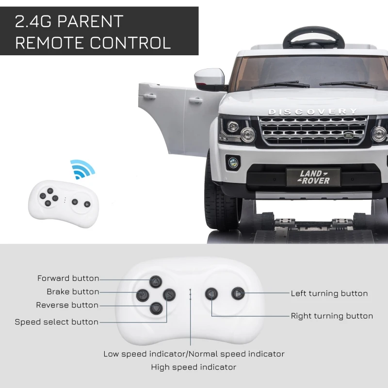 HOMCOM Compatible with 12V Battery-powered Landrover Discovery 2 Motors Kids Electric Ride On Car Toy with Parental Remote Control Music Lights MP3 Suspension Wheels for 3-6 Years Old White