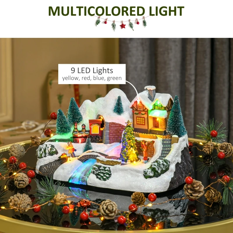 HOMCOM Prelit Christmas Musical Villages with Rotating Tree Animated Xmas Village with Sound Fibre Optic Transformer or Battery-Operated Festival Decoration for Tabletop