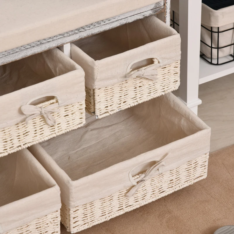 HOMCOM Wooden 5-Basket Drawer Shoe Bench Cream White