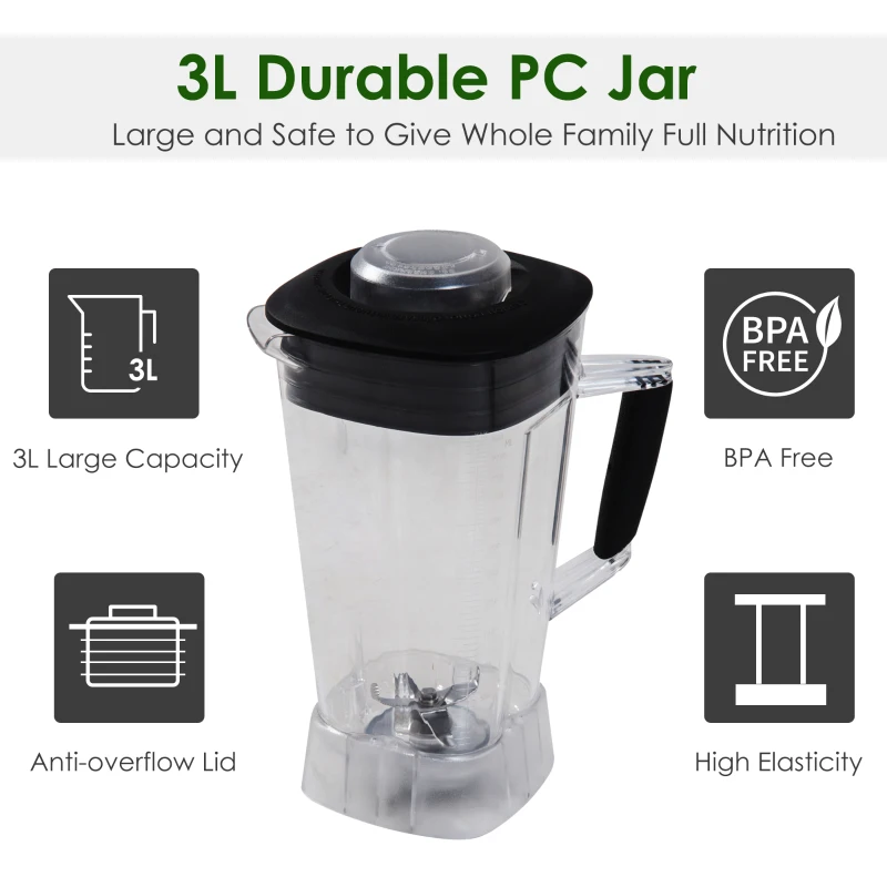 HOMCOM Commercial Blender Juice Smoothies Maker Powerful Food Processer with 3L Container Stainless Steel Blades BPA Free 1800W