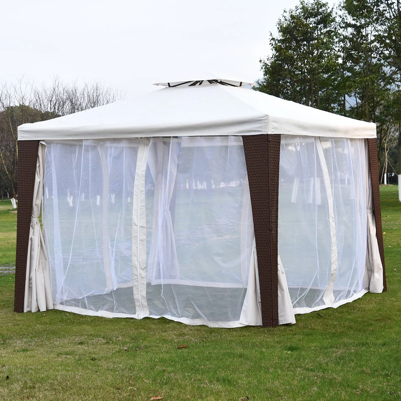 Outsunny 3x3 m Rattan Gazebo W/Curtain-Brown/Beige