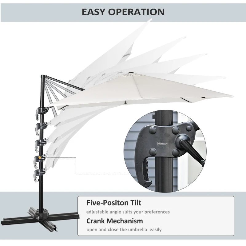 Outsunny 2.7 x 2.7 m Cantilever Parasol, Square Overhanging Umbrella with Cross Base, Crank Handle, Tilt, 360° Rotation and Aluminium Frame, Cream White