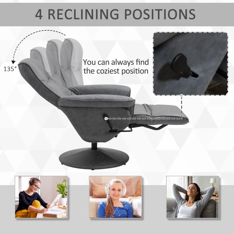 HOMCOM Swivel Recliner Chair Armchair Sofa with Footrest Padded Armrest 4-level Adjustable Backrest, Microfiber, Dark Grey