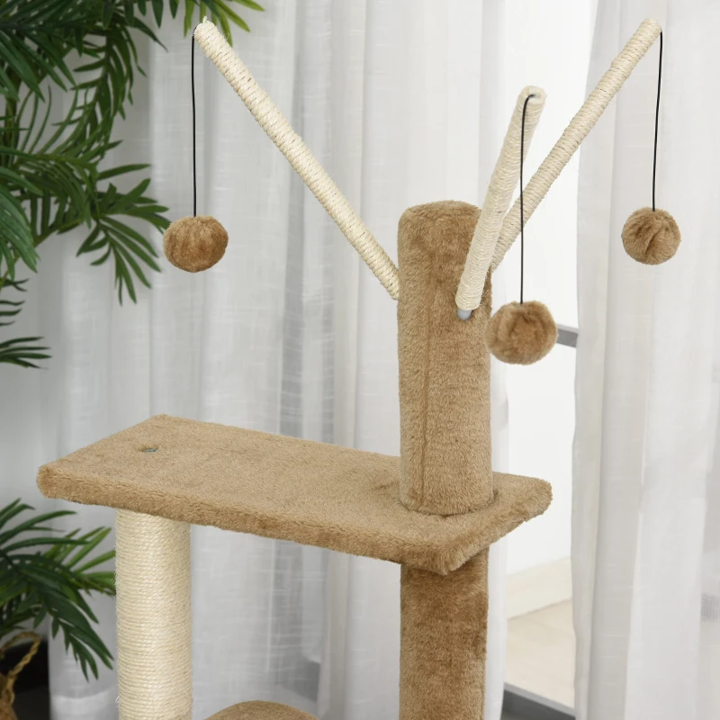PawHut Cat Tree for Indoor Cats 121cm Kitten Tower Sisal Scratching Post Pet Activity Center Perch Condo Hanging Ball Brown