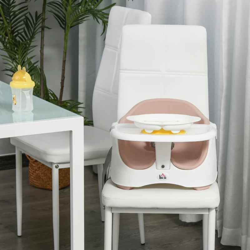 HOMCOM Baby Booster Seat for Dining Portable Toddler Feeding Chair  w/ 3 Point Harness Strap Height Adjustable Removable Cushion Detachable Tray Non-Slip Feet Pink