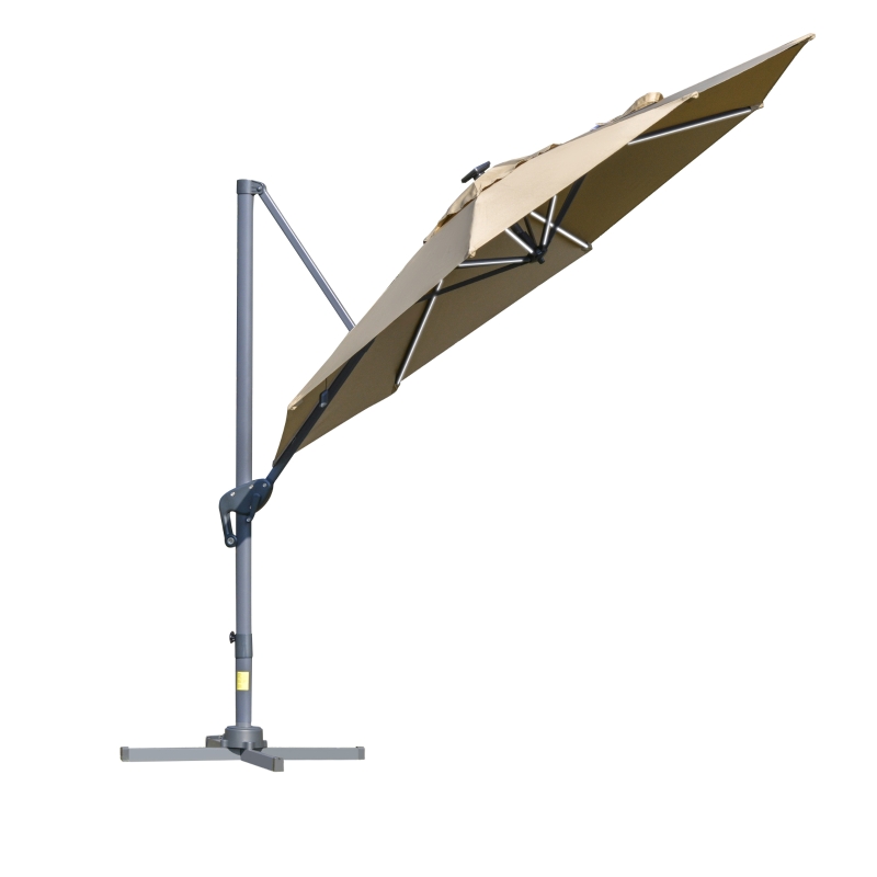 Outsunny 3m LED Cantilever Parasol Adjustable Garden Umbrella w/ Base Solar Lights Khaki
