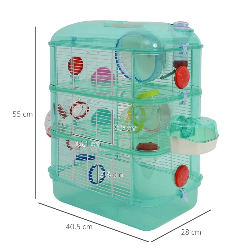 PawHut 3 Storey Hamster Cage Small Pet Animal Cage w/ Exercise Wheel Food Water Bowl Multi Activity Exercise Centre Green