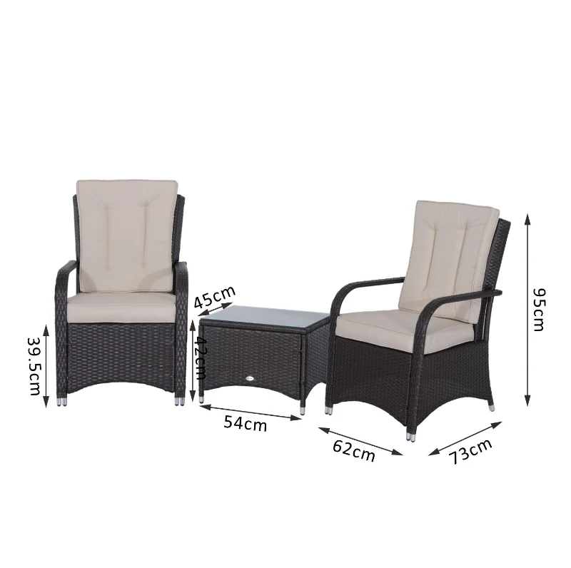 Outsunny 3 Pieces Rattan Bistro Set, Wicker Garden Furniture Set with Aluminium Frame, Cover, Glass Top Coffee Table, Chairs and Cushions for Outdoor, Patio, Balcony, Cream White