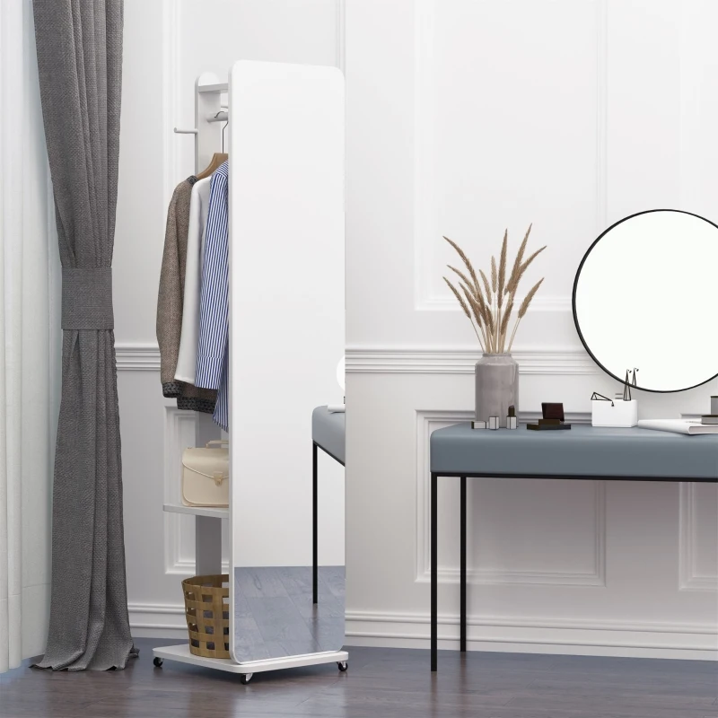 HOMCOM Full Length Dressing Mirror with Coat Rack, Mobile Floor Mirror with Hanging Cloth Bar, Rolling Wheels for Bedroom, Living Room, White